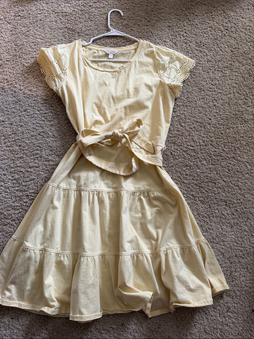 LC Lauren Conrad Pale Yellow Tie-Waist Mini Dress with Lace Sleeves